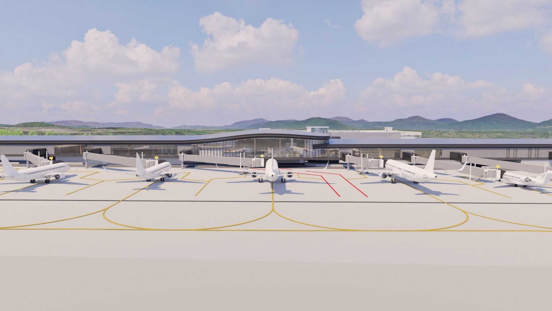 exterior rendering of Asheville Regional Airport’s new terminal with two story windows