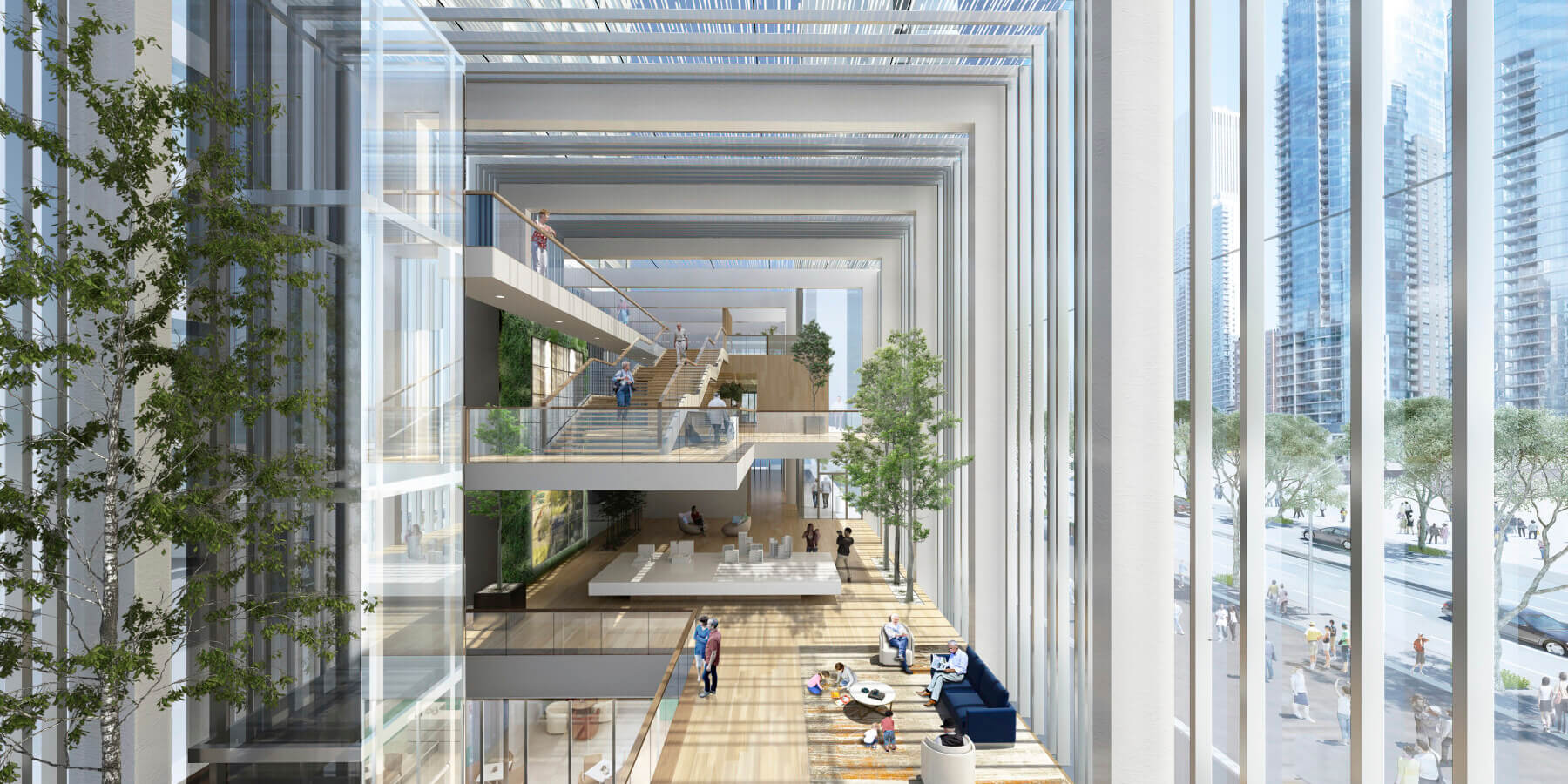 rendering of four-story lobby with glass walls and interior trees
