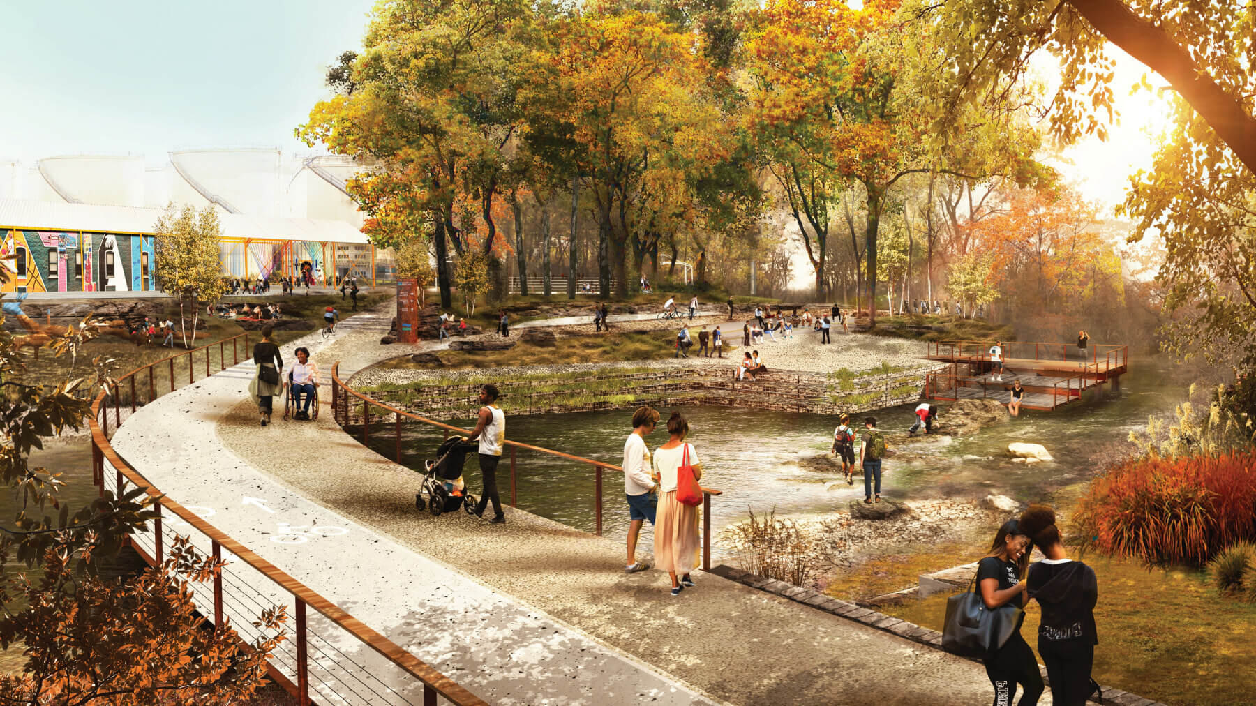 Rendering of the Chattahoochee RiverLands Greenway Study with people standing on a bridge.