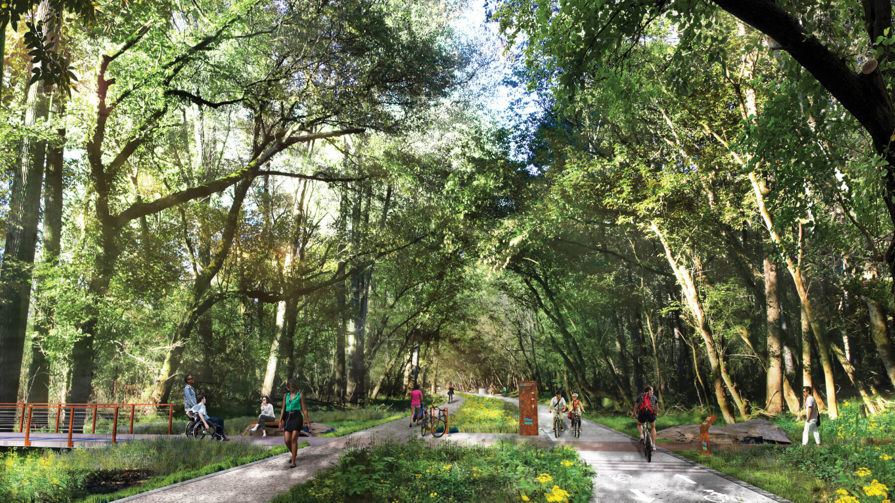People walking and biking on the Chattahoochee RiverLands trail in a rendering