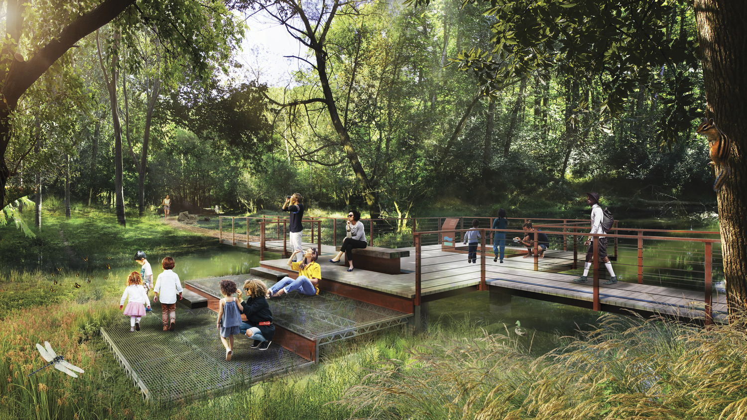 a rendering of the project with people on a boardwalk and steps