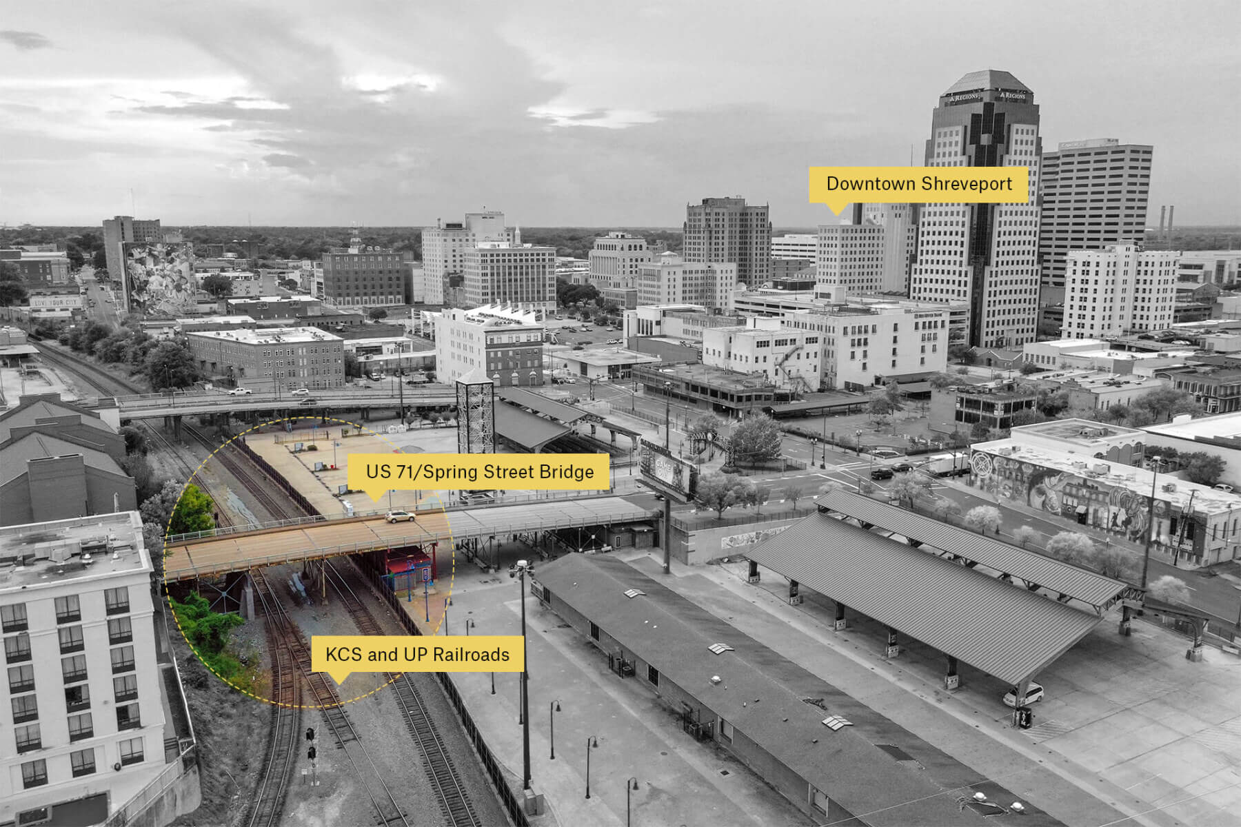 an shot of Shreveport, LA and the Spring Street Bridge highlighted in yellow