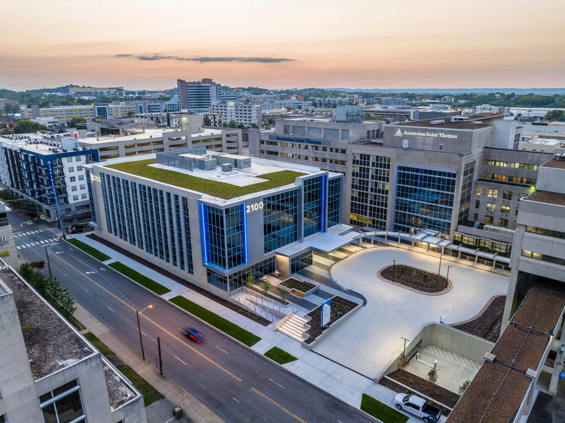 aerial view of exterior of medical office building at dusk