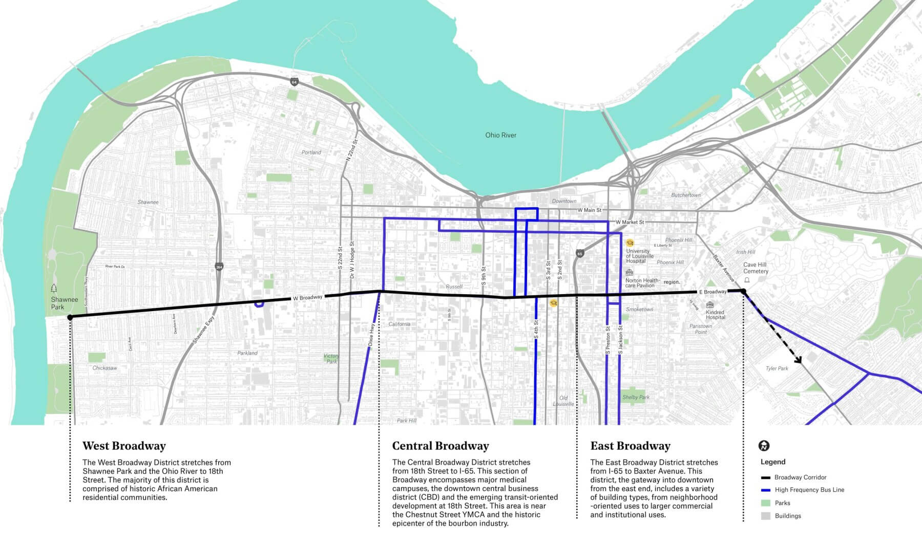 a map of Louisville identifying the project sites and current conditions