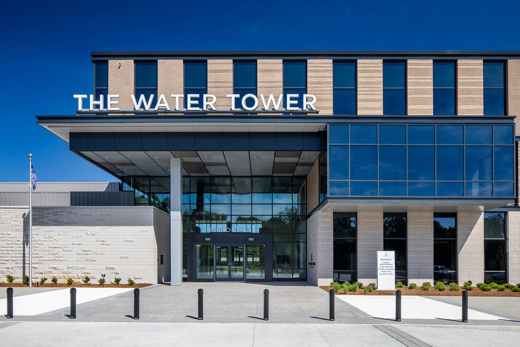 Exterior close-up of The Water Tower Global Innovation Hub entrance