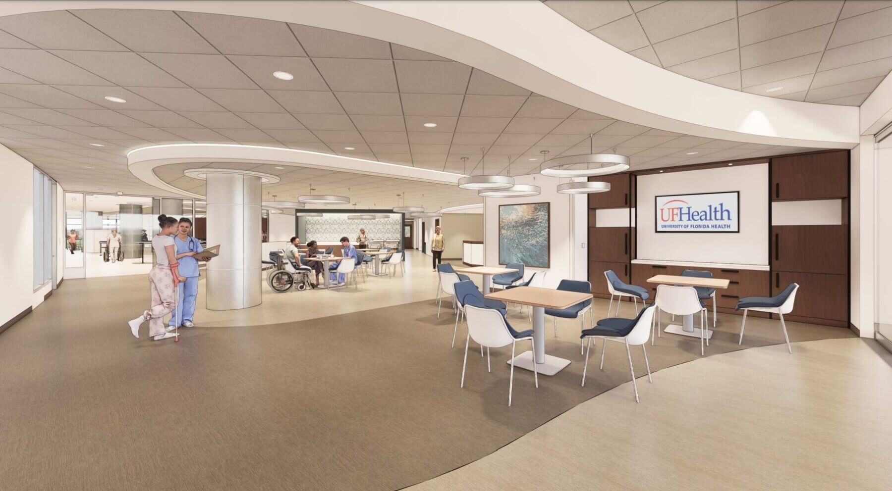 rehab dining room with logo signage rendering