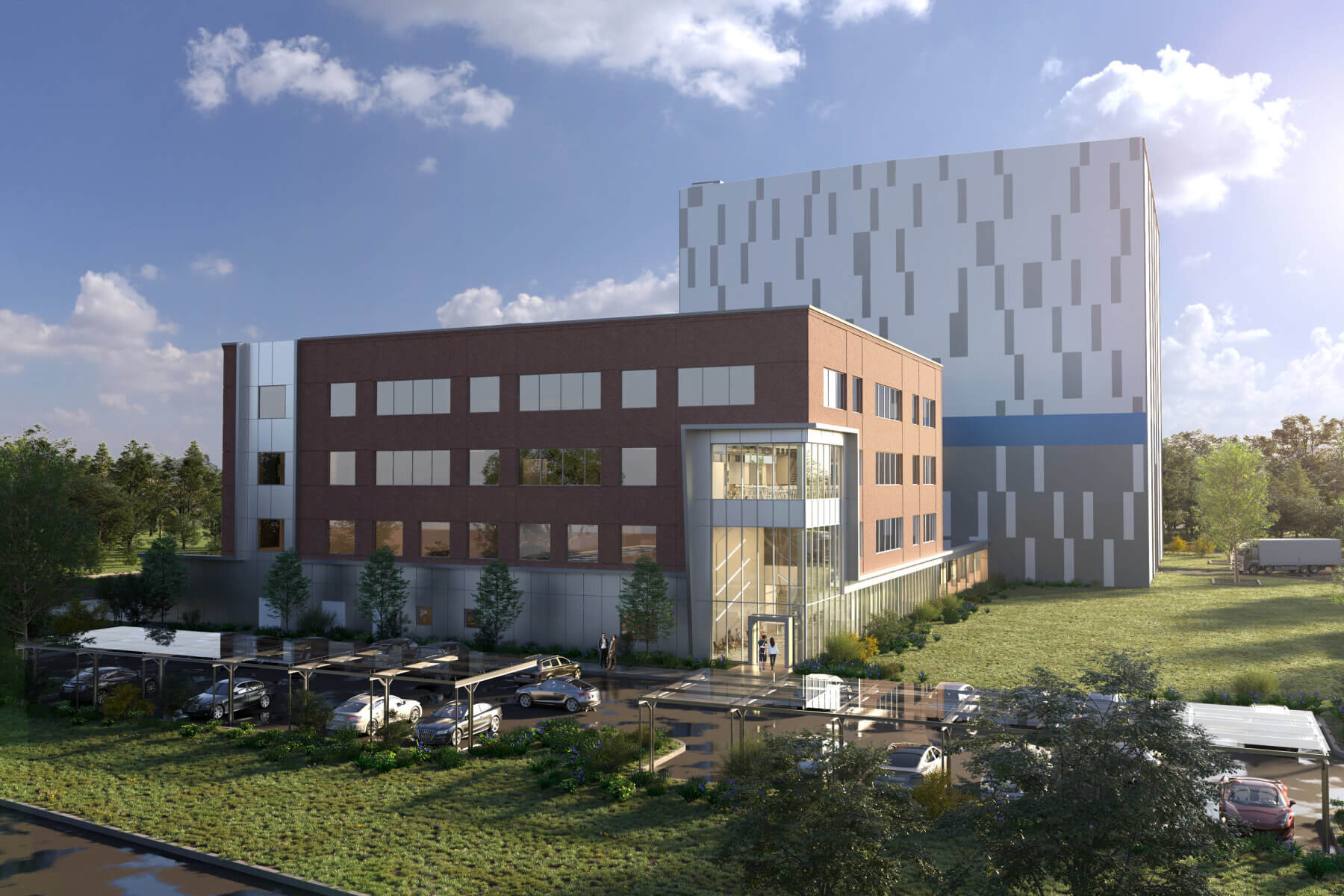 a rendering of a confidential utility high-voltage lab and technical office building