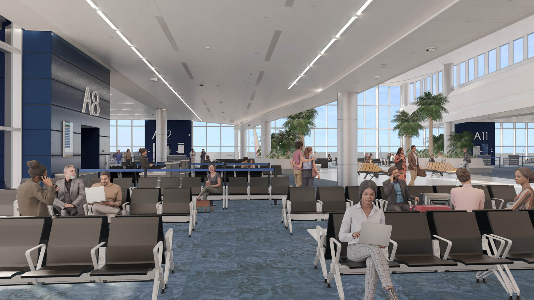 rendering of people sitting in the holdroom in Concourse A at Myrtle Beach International Airport