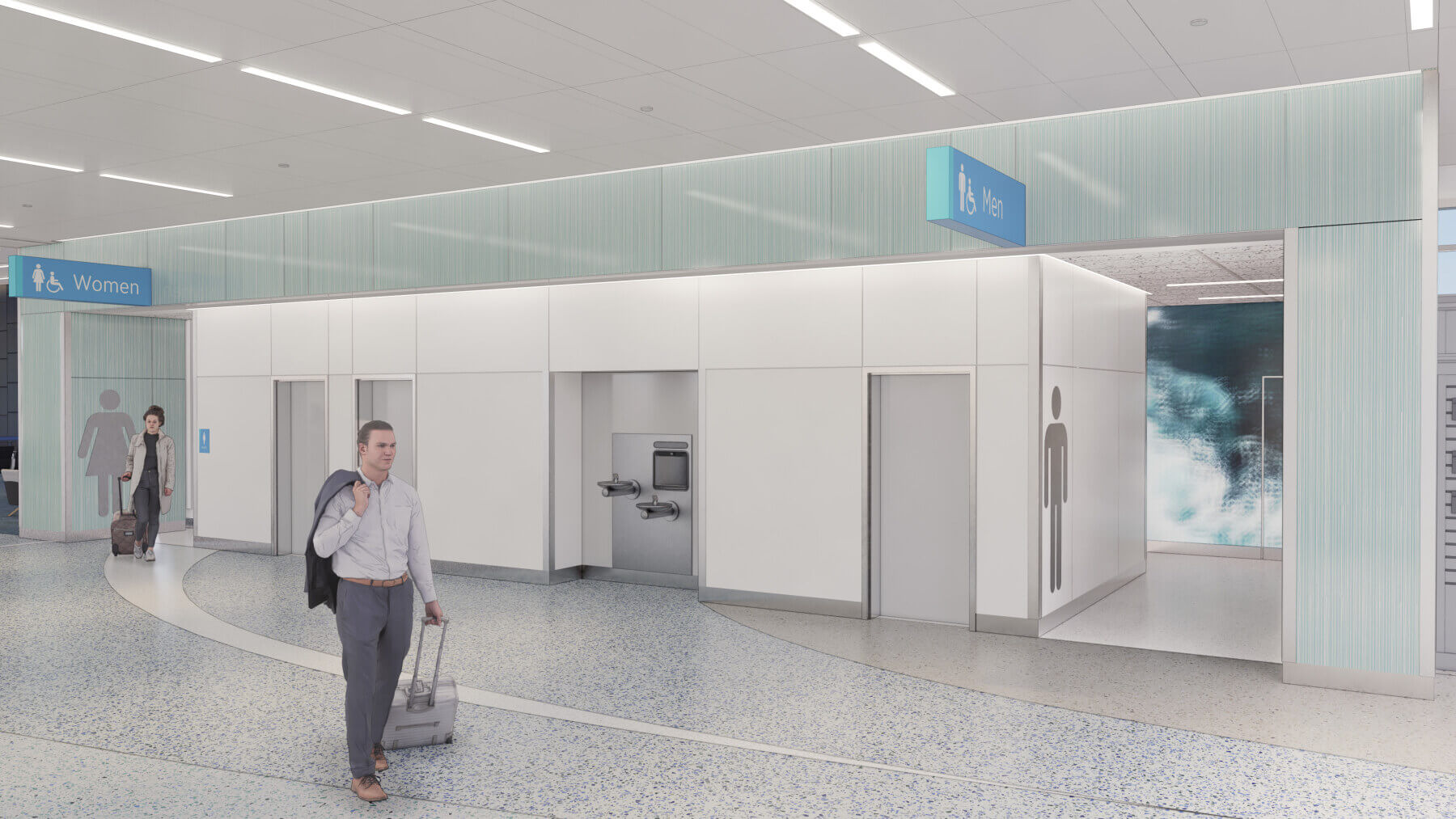 rendering of a person walking by the restrooms in Concourse A at Myrtle Beach International Airport
