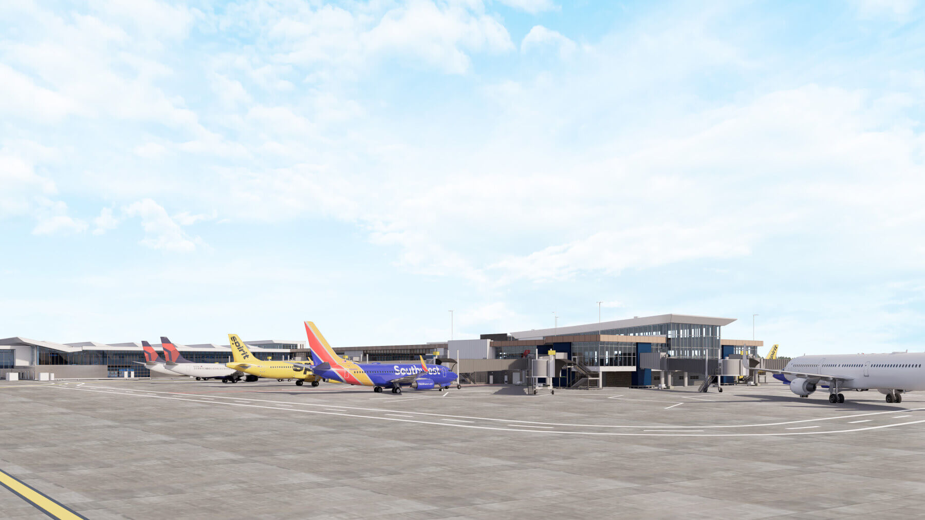rendering with a group of planes parked outside the expansion of Concourse A at Myrtle Beach International Airport