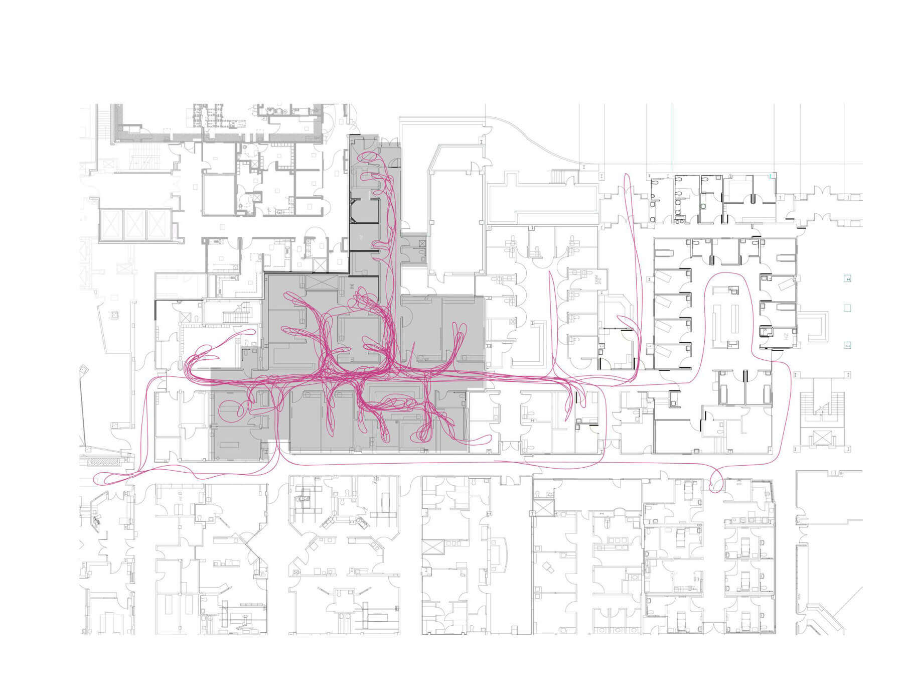 a floorplan showing walking routes during behavior mapping