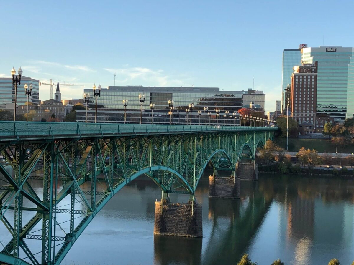 The Gay Street bridge over water with buildings in the background