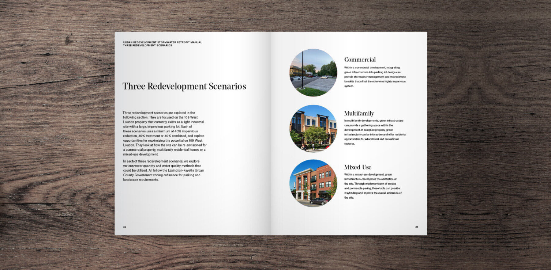 A spread in the Urban Redevelopment Stormwater Retrofit Manual showing three scenarios
