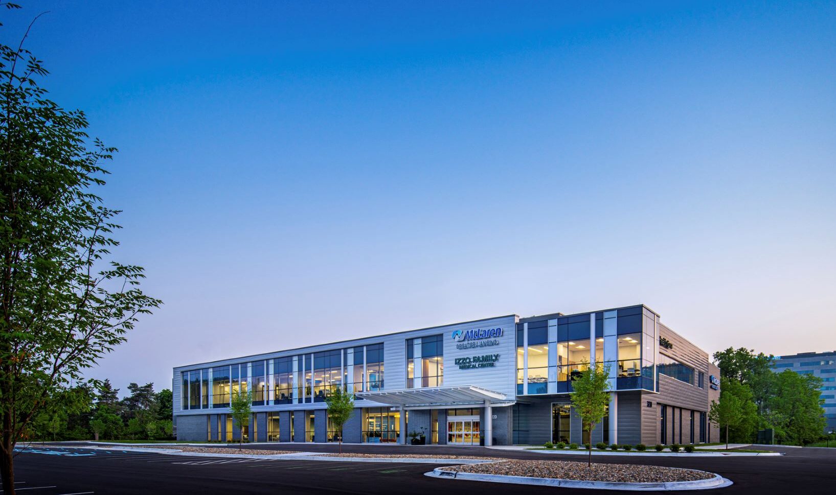 exterior of a two-story medical office building at dusk