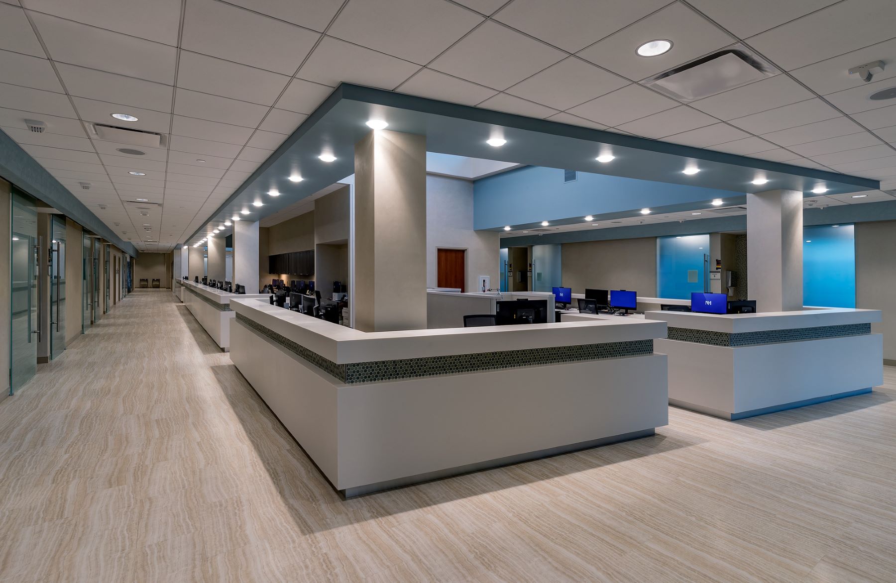 A large nurse station in a cancer treatment facility