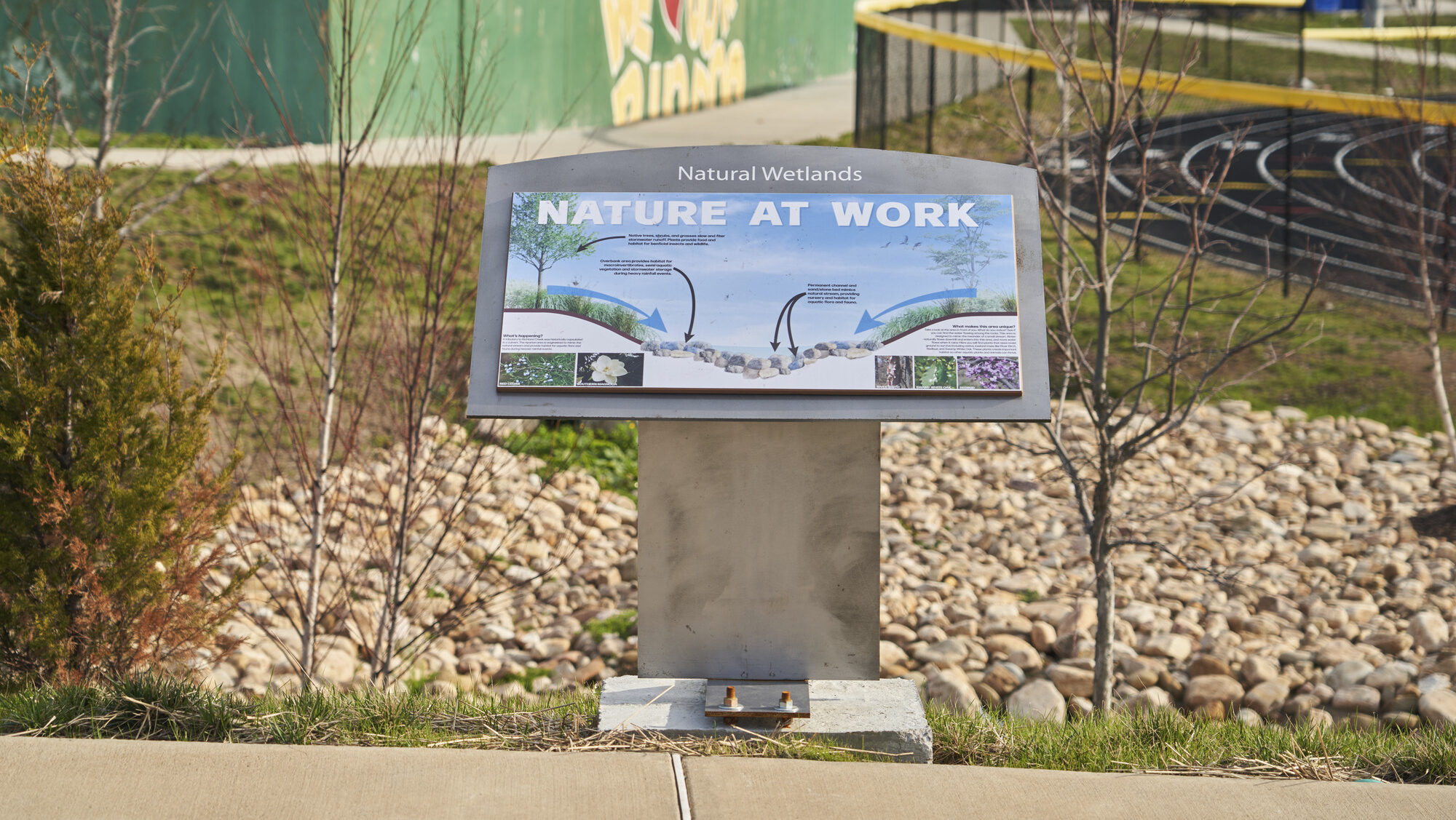 a sign on a school campus explaining the wetland environment