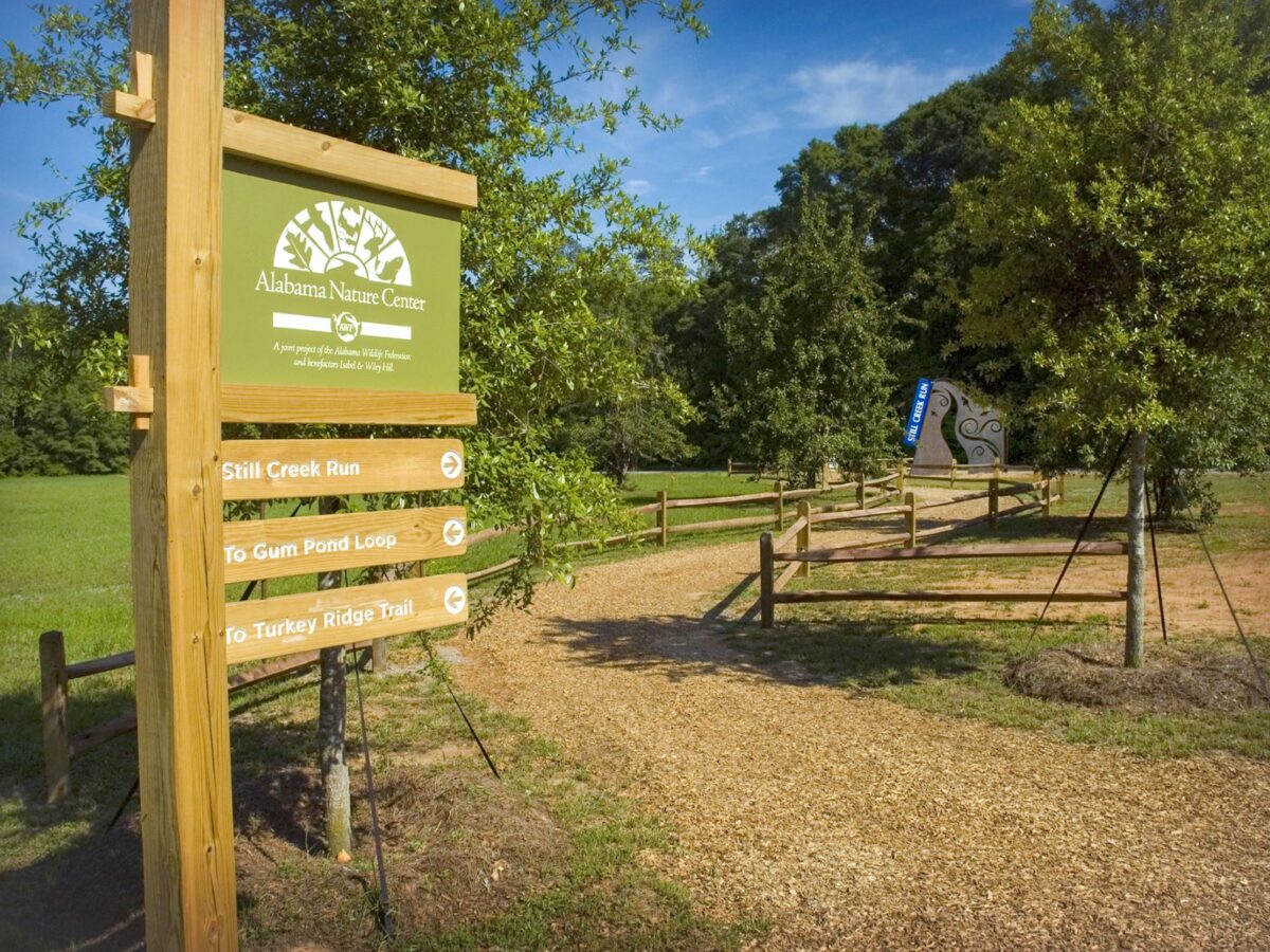 directional signage on a tall post at a nature center