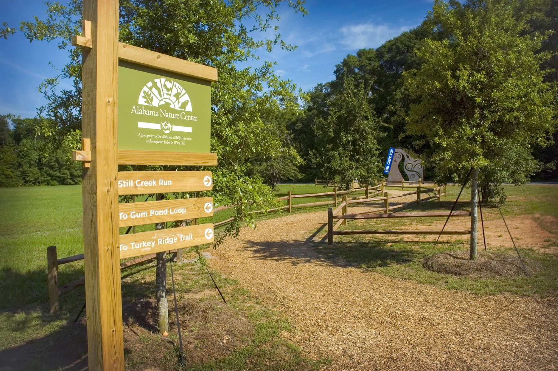 directional signage on a tall post at a nature center