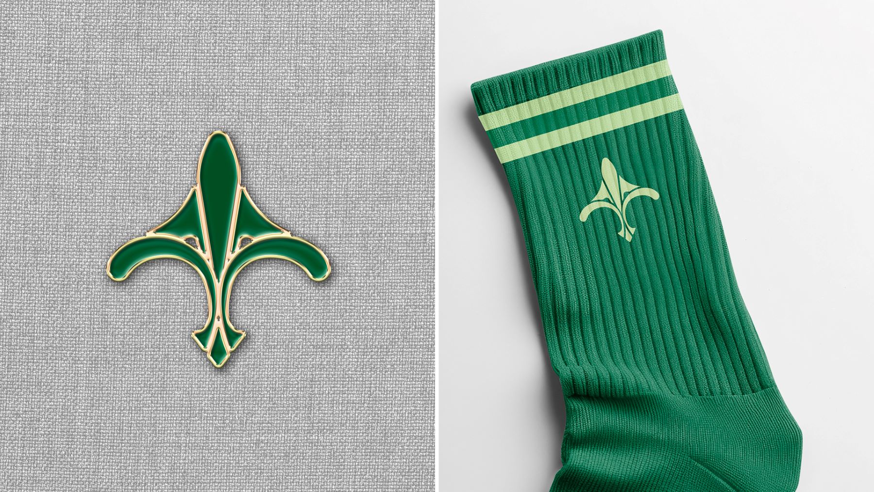 lapel pin and green sock featuring new orleans international airport's new logo