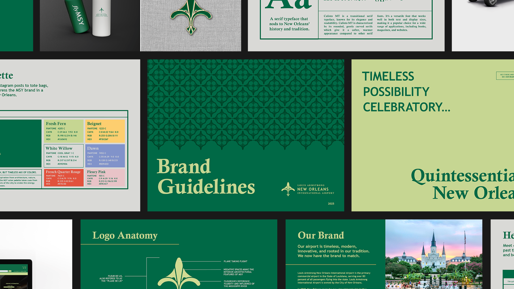 pages from the brand guidelines for new orleans international airport's new brand